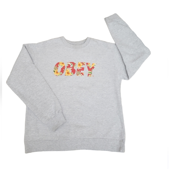 OBEY Grey Crewneck with Floral Print Sweatshirt - Picture 1 of 4